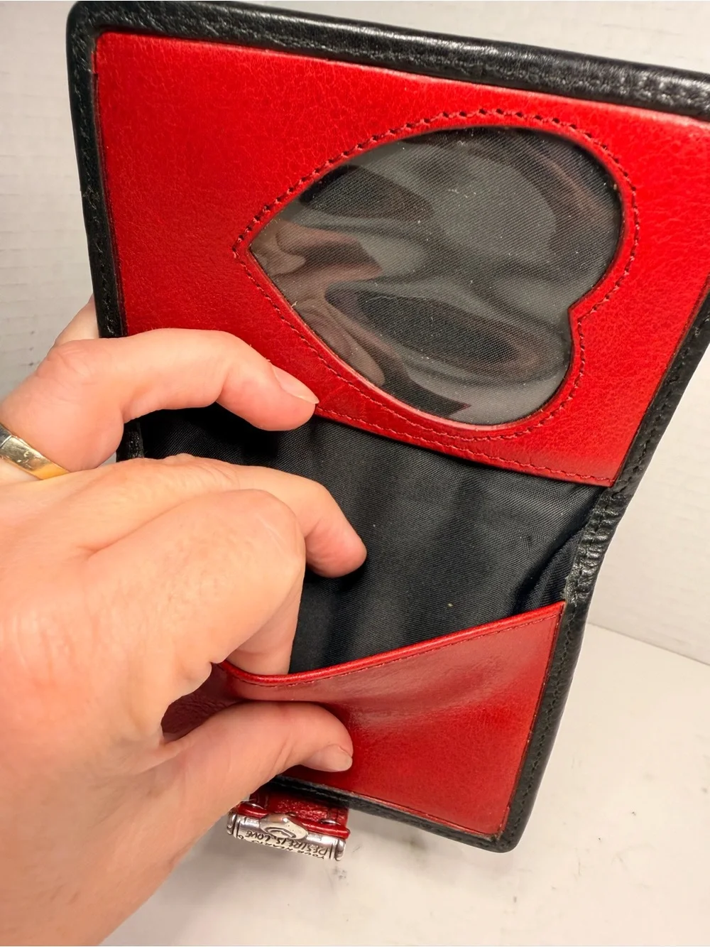 Brighton Black Leather Photo Case Wallet with Red Croc Embossed Heart